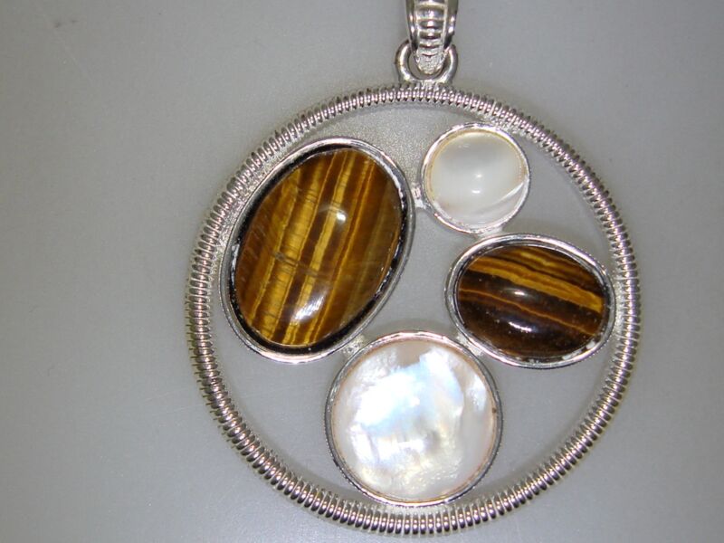 Vintage Joan Rivers tiger's eye and MOP silver pendant