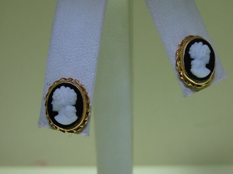 Vintage carved cameo earrings, black and white, oval design, bezel set