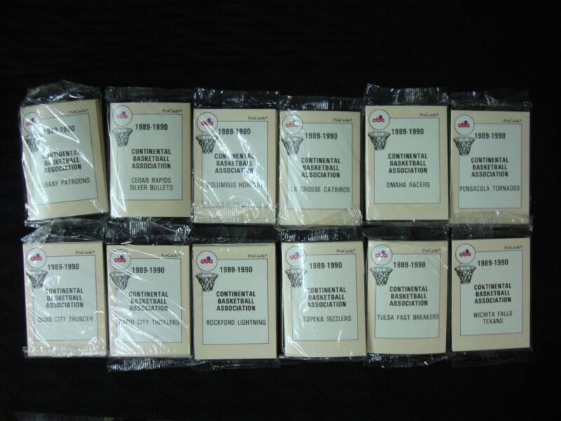 Unopened factory sealed team sets from the 1989-90 ProCards Continental Basketball Association (CBA) season.