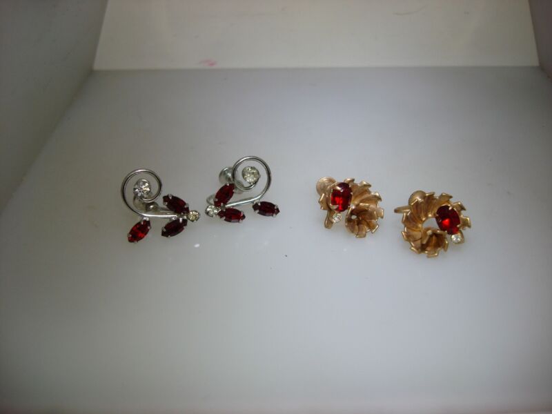 Vintage 1950s-60s rhinestone screw back earrings (2 pairs) - red & clear foiled design