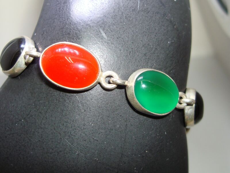 Vintage 1980s Mexican Sterling Silver Gemstone Inlay Bracelet
