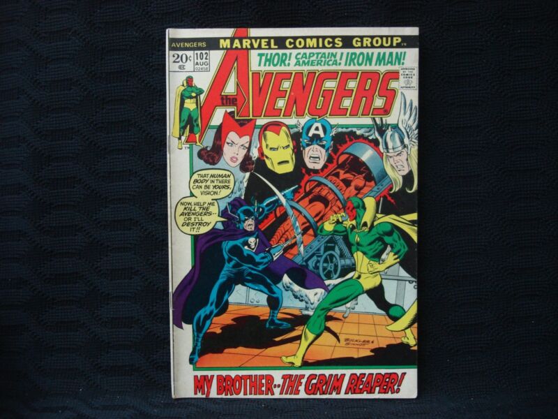 Avengers #102 (Aug 1972) comic book cover featuring 'My Brother... The Grim Reaper!' storyline