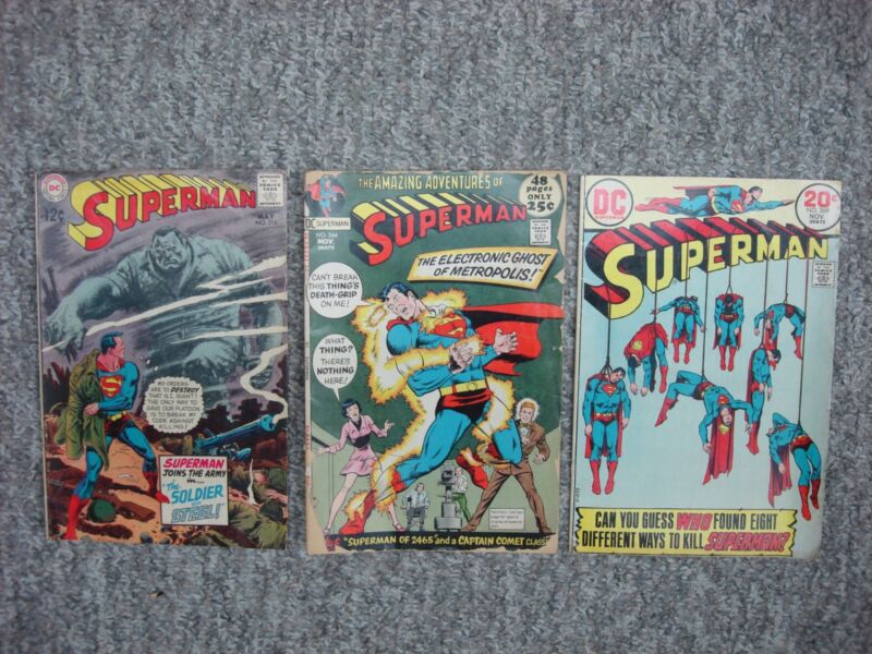 Vintage Superman comic books set, Nos. 216, 244 & 269, DC Comics 1969-1973