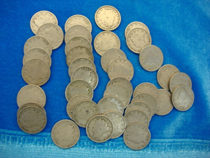 Vintage US Liberty V Nickels (40 Mixed Dates, No Junkers) - Authentic & Beautiful Condition