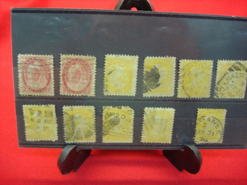 Collection of eleven (11) used Canadian postal stamps from the early 1900s, displayed on a Little Card.