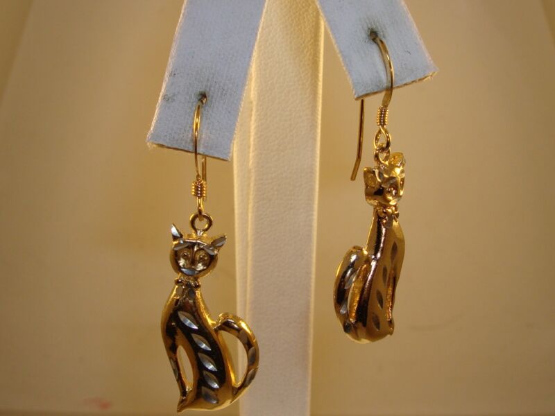 Vermeil Sterling Silver Cat Dangle Earrings