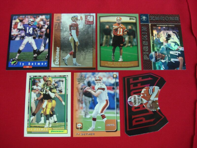 Ty Detmer rookie cards and autograph parallels, including a 1999 Playoff Absolute SSD Honors Red Serial #'d Die Cut Insert card (#AH24)