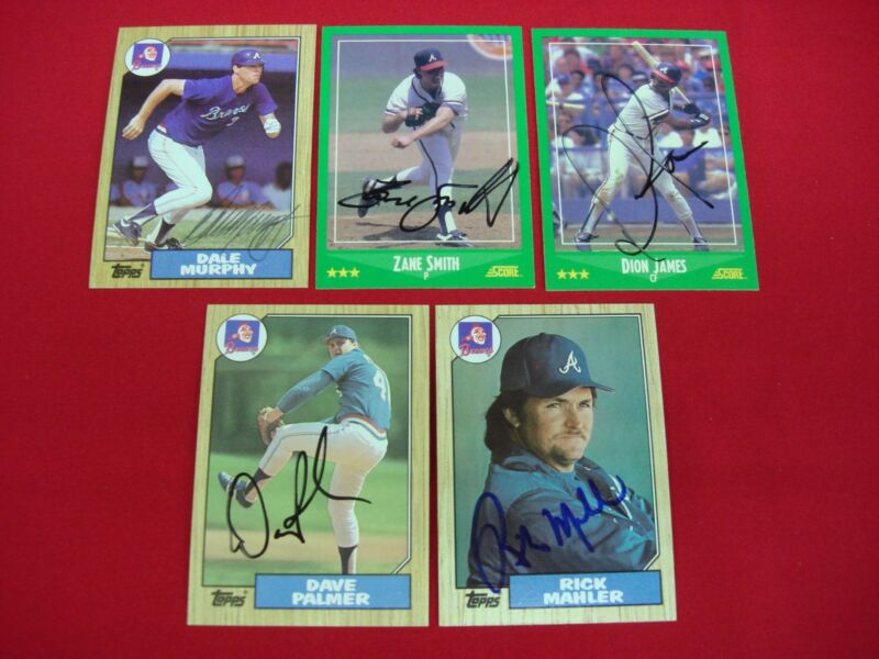 Set of 5 Dale Murphy autographed Atlanta Braves baseball cards from the 1980s.