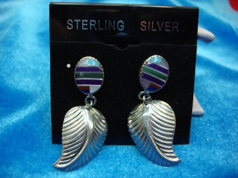Sterling silver dangle leaf earrings with colorful accents, 1.75 inches long