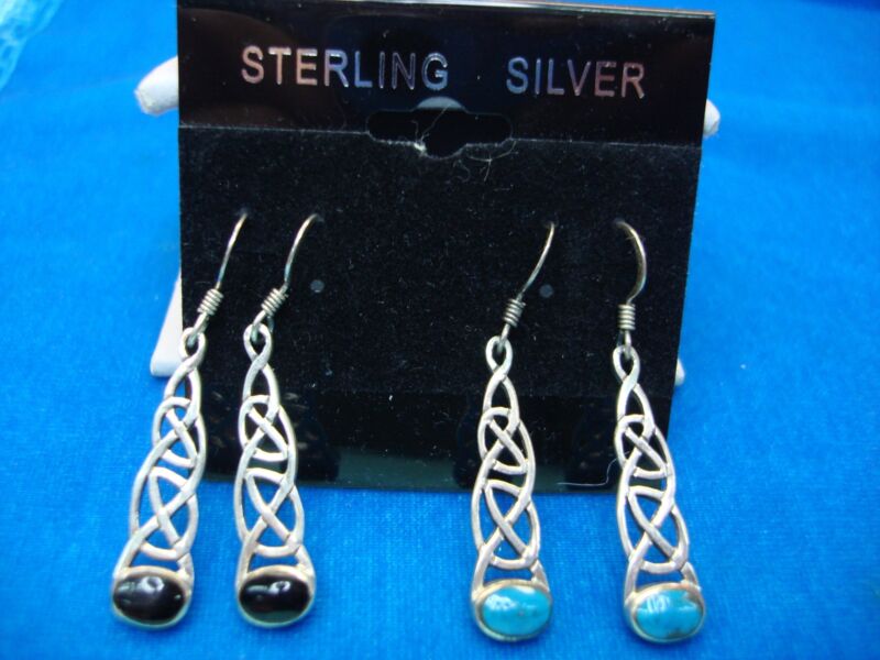 Sterling silver dangle earrings with onyx and turquoise gemstones