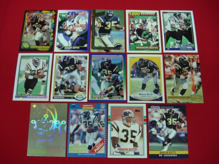 Vintage Marion Butts San Diego Chargers football card lot including rookie cards, second-year cards, and a holographic card