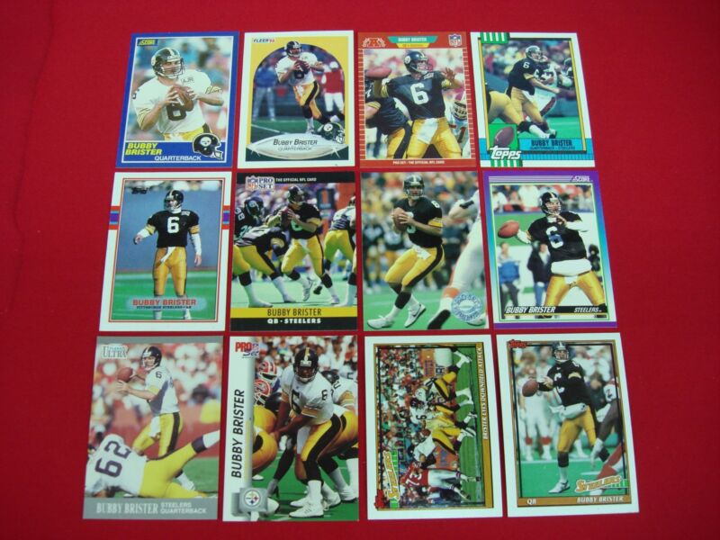 Vintage Bubby Brister Pittsburgh Steelers football cards, a 12-card set including Topps, Score, and Fleer
