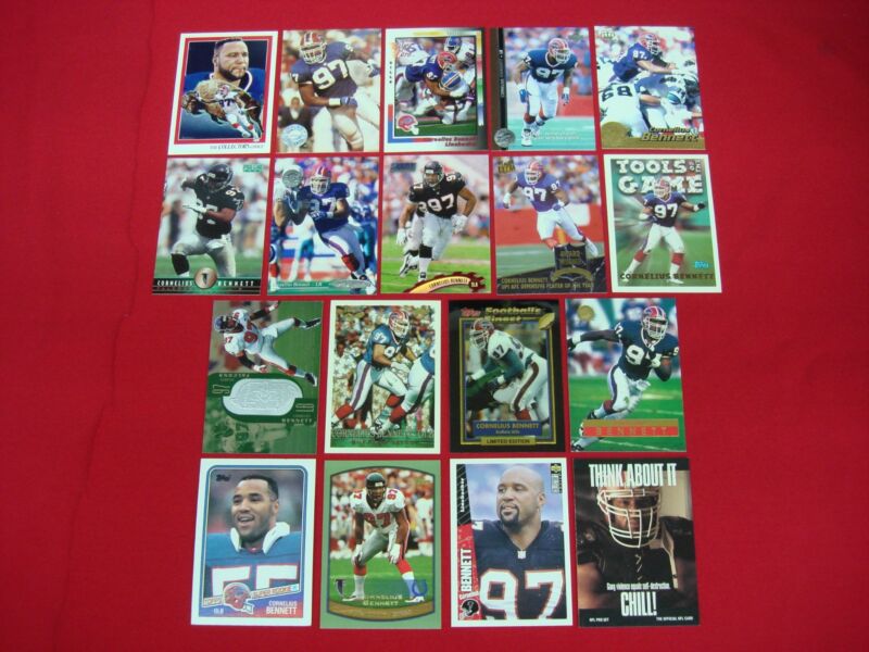 Cornelius Bennett football card collection featuring Bills and Falcons cards, premium inserts, foils, and serialized cards.
