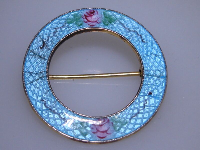 Vintage cloisonne enamel floral pin with blue roses and gold tone