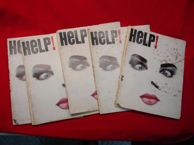 Vintage collection of five HELP! FOR TIRED MINDS satirical magazines, black and white, rough covers.
