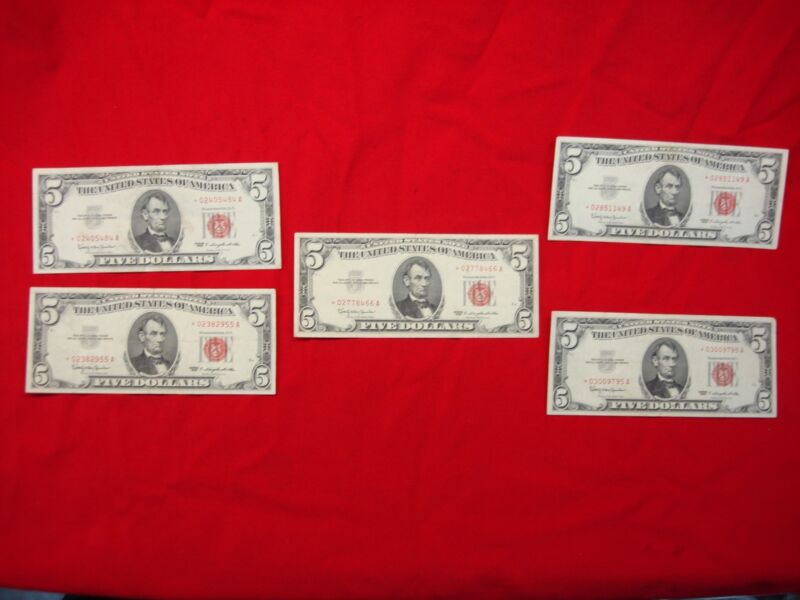 Group of five (5) United States Series 1963 $5.00 Star Notes in nicer circulated condition.