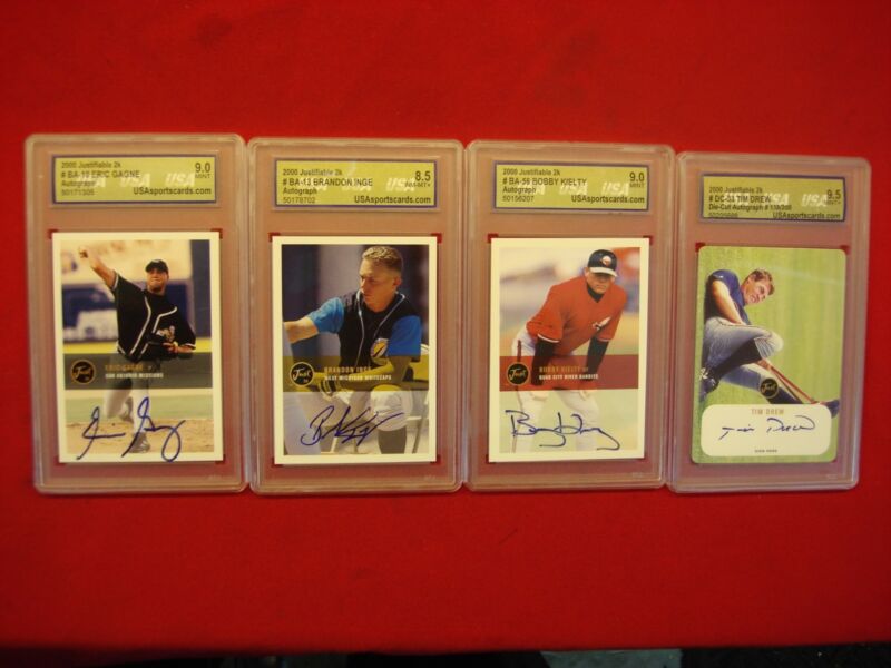 Mint condition graded autographed minor league baseball cards - Gagne, Inge, Kielty, Drew