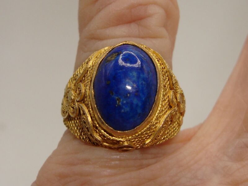 Vintage sterling silver lapis lazuli ring with cannettille filigree design, adjustable size 6.5-8