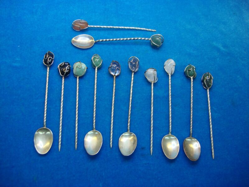 Vintage set of 12 artisan silver plate demi-spoons and cocktail picks with wire-wrapped stones
