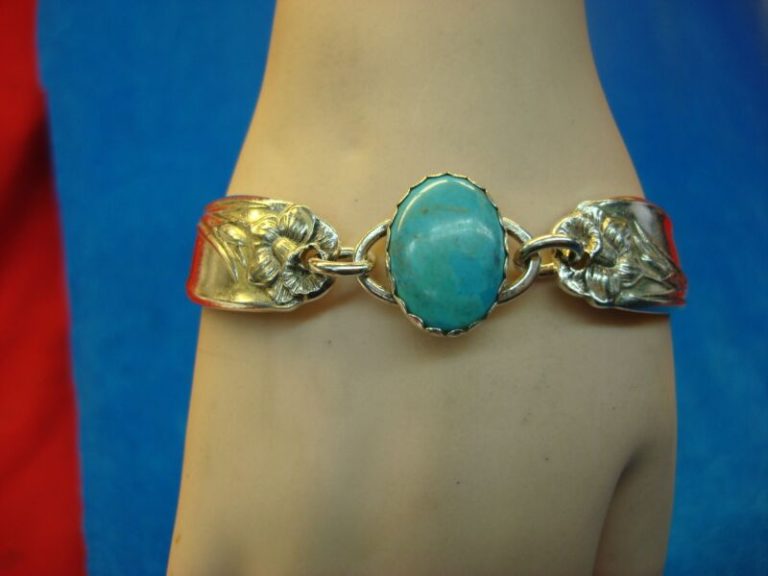 Vintage silver plate spoon bracelet with turquoise, floral design