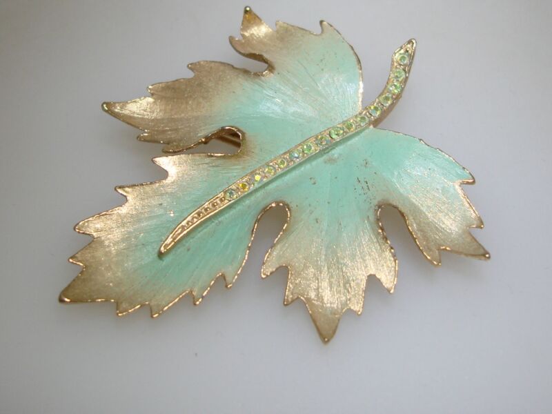 Vintage gold-tone enamel and aurora borealis rhinestone leaf pin