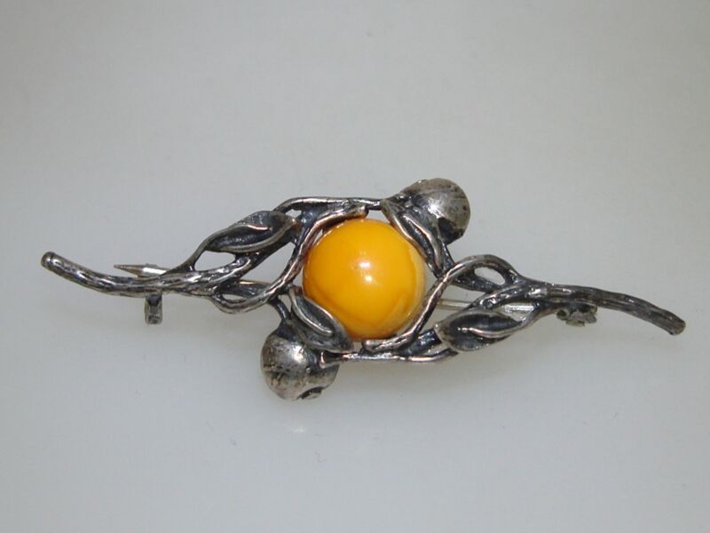 Antique sterling silver and aventurine pin brooch signed WK, Art Nouveau design