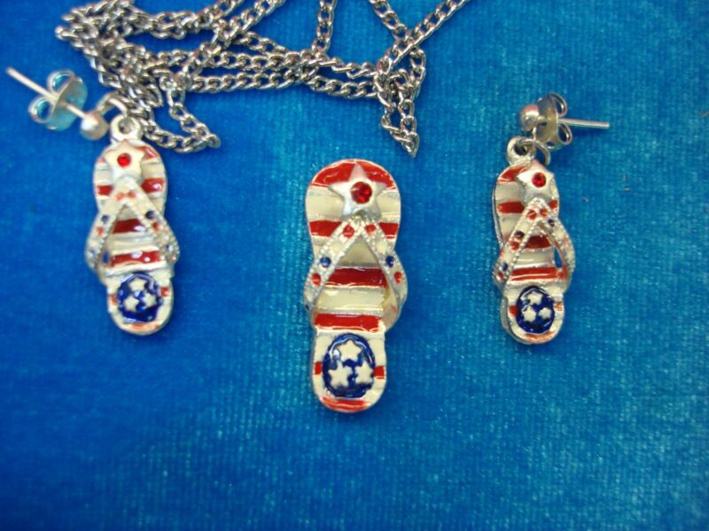American Flag Flip Flop Necklace & Earrings Set