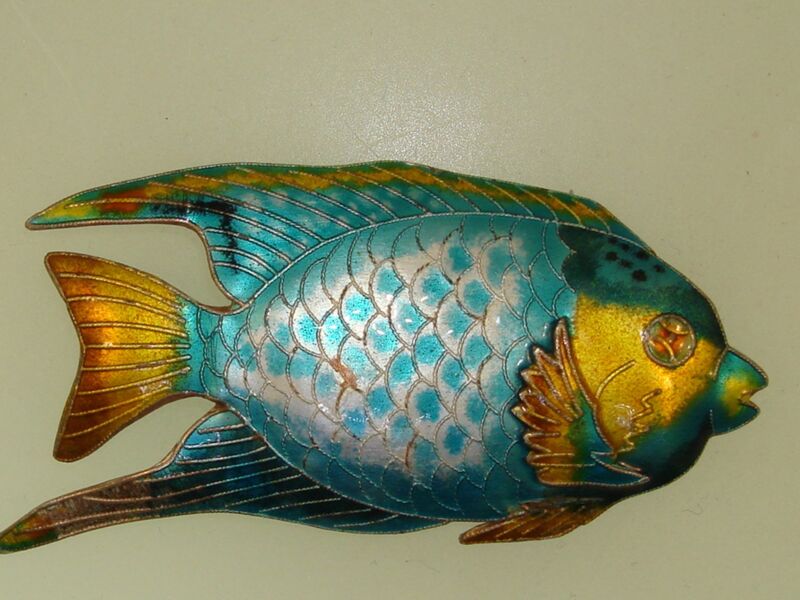Vintage cloisonne gourami fish pin in blue and gold enamel