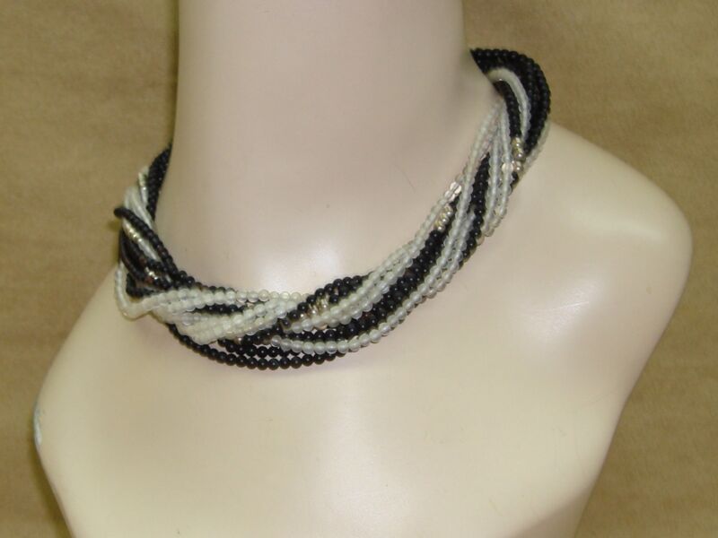 Vintage 12 strand quartz and onyx choker necklace with sterling silver clasp