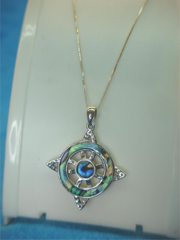 Sterling Silver Witches Knot Pendant with Abalone & Crystals – 18″ Chain