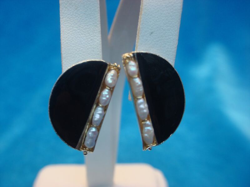 Sterling silver freshwater pearl earrings with black enamel and gold vermeil