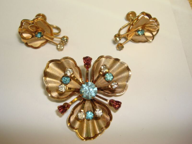 Vintage 1940s-50s Prestige Foiled Rhinestone Pin/Pendant & Screw Back Earrings Set