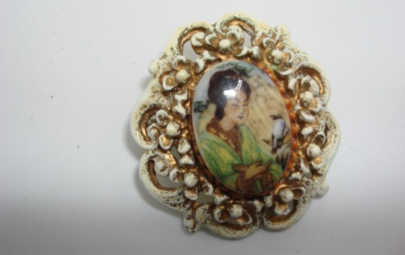 Vintage Japanese Cameo Porcelain Brooch with Gold Accents