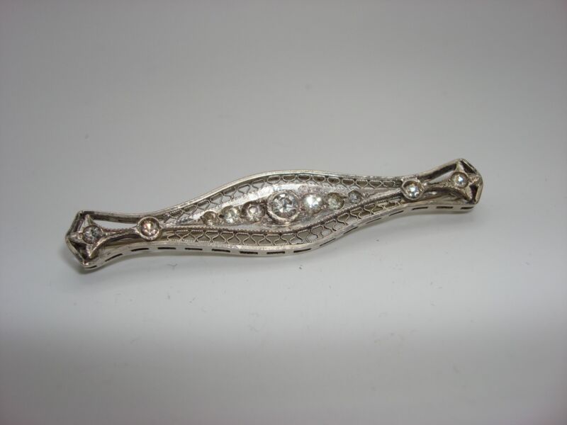 Antique sterling silver filigree bar pin with sparkling paste stones