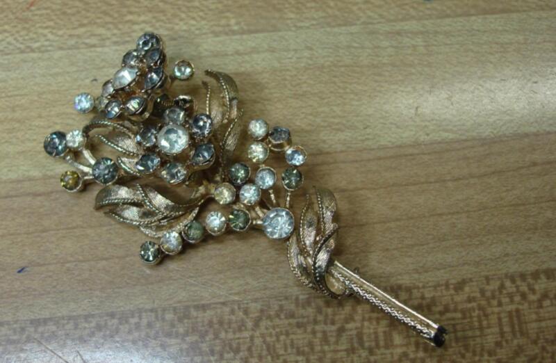 Vintage Rhinestone Floral Trembler Brooch (1940s-50s) - Sparkly Gray & Clear Stones