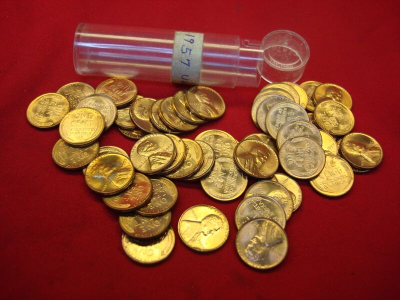 1957 Lincoln Wheat Cents in original tube, red UNC coins