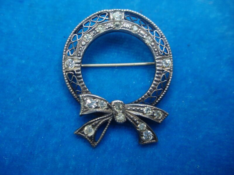 Vintage Sterling Silver Wreath Pin with Diamonds