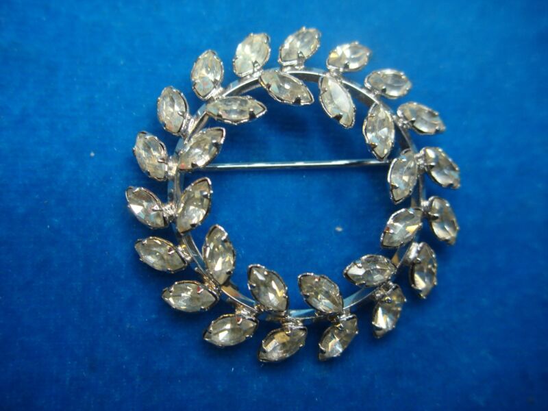 Vintage Sterling Silver Circle & Leaf Pin - Sparkling Rhinestones