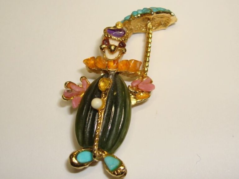 Vintage Swoboda clown pin with gemstones, hand-signed