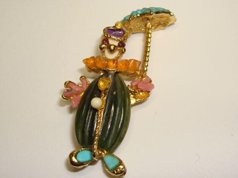 Vintage Swoboda clown pin with gemstones, hand-signed