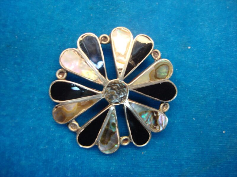 Vintage Sterling Silver Mother of Pearl & Onyx Inlay Pin/Pendant - Mexico