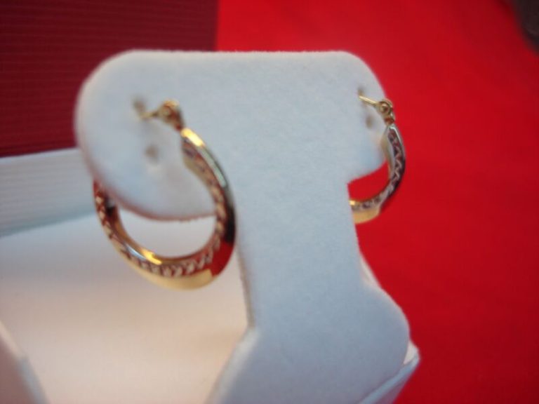 14K yellow and white gold hoop earrings, 5/8 inch diameter, pre-owned excellent condition