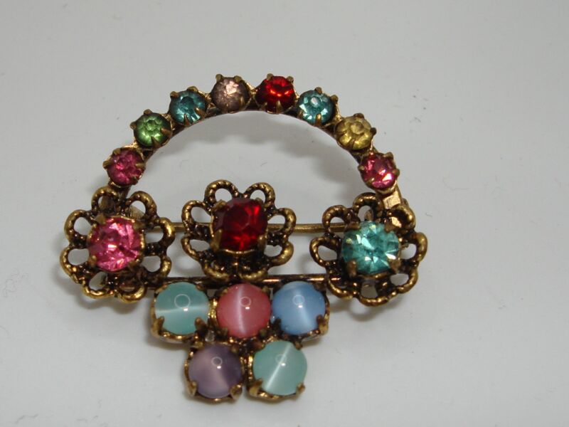 Vintage 1940s Czechoslovakian signed rhinestone and moonstone brooch