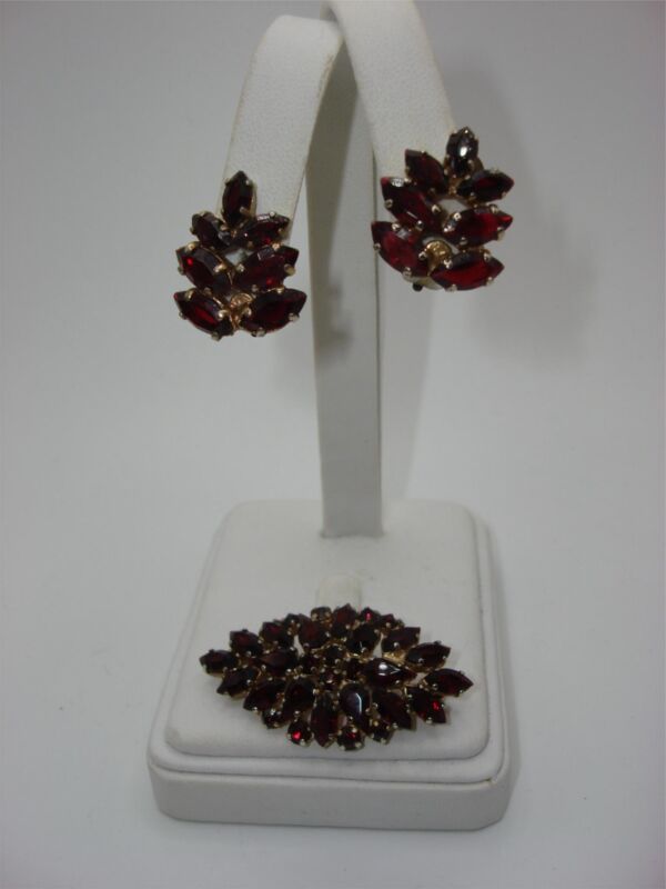 Vintage Western Germany rhinestone brooch and earrings set in burgundy, marquise cut