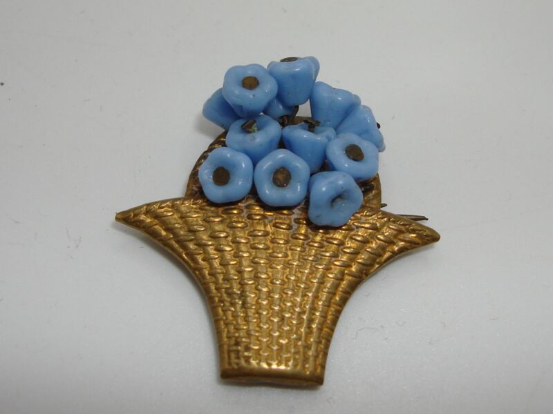 Vintage blue glass bell floral brooch (1930s-40s)
