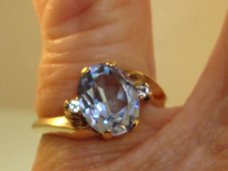 10K solid gold ring with blue topaz and diamond accents, size 6 1/2