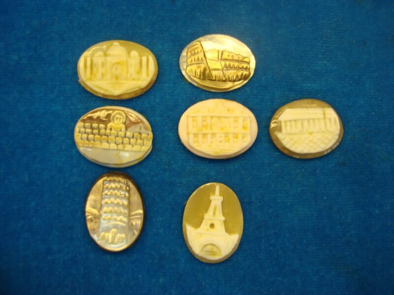 Vintage cameo set depicting the Seven Wonders of the World, perfect for jewelry making