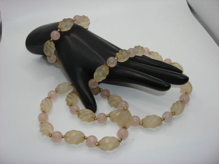 14K Gold Rose Quartz & Frosted Glass Bead Necklace & Bracelet Set - Pre-Owned