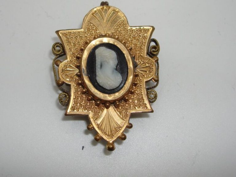 Victorian Revival gold-filled cameo pin and pendant featuring a carved onyx profile of a young lady