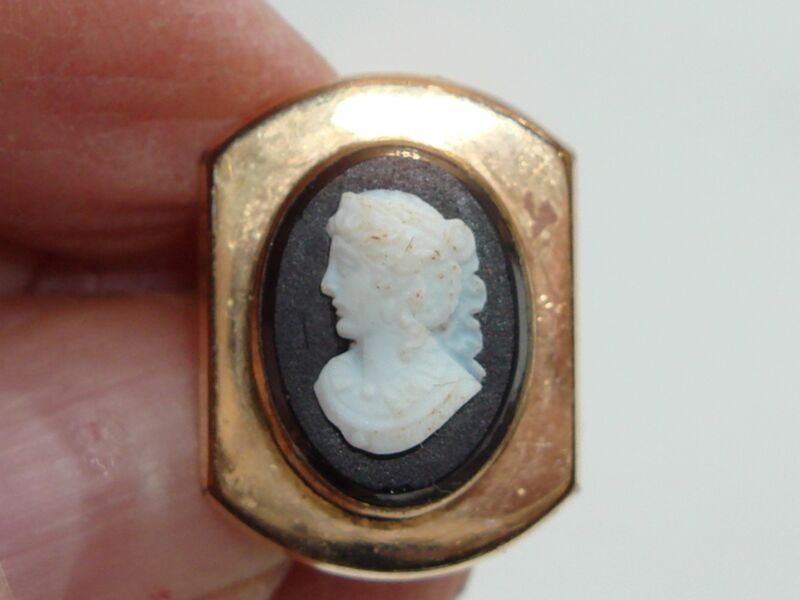 Vintage carved onyx cameo scarf ring with black and white portrait, marked 'PAT. APD.FOR'